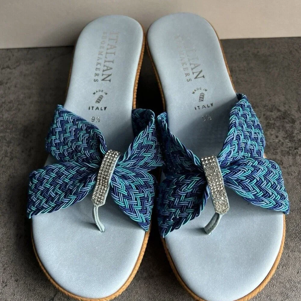 Italian Shoemakers Mixed Blue Rhinestone Sparkle Thong Wedge Sandals Size 9.5 M - Picture 2 of 16